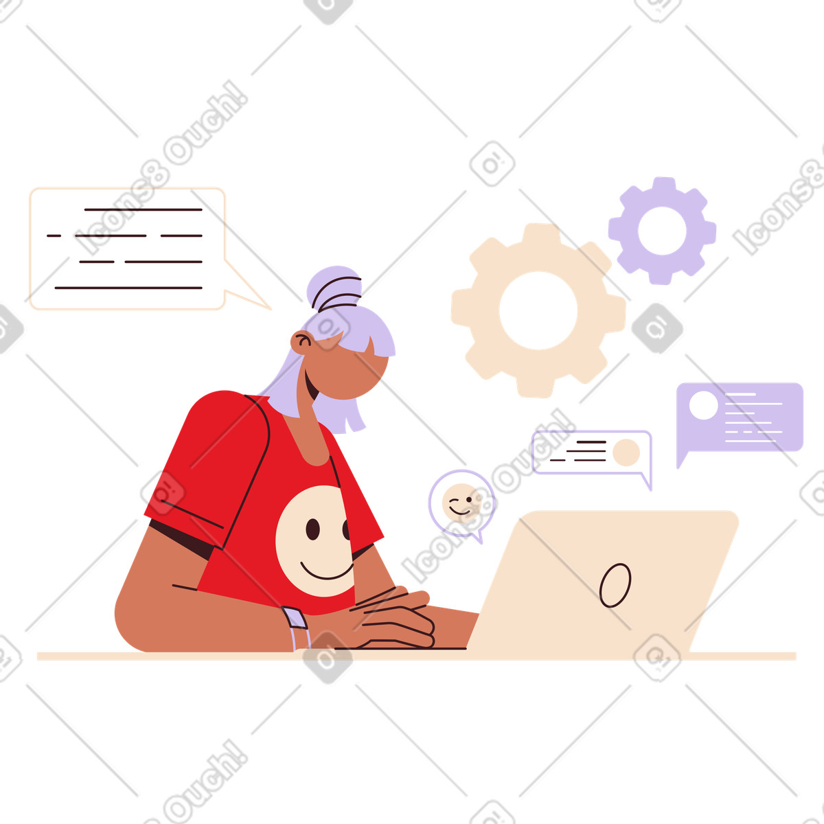 User engaged in online tech discussion, Digital communication and knowledge sharing illustration Folks style download PNG, SVG