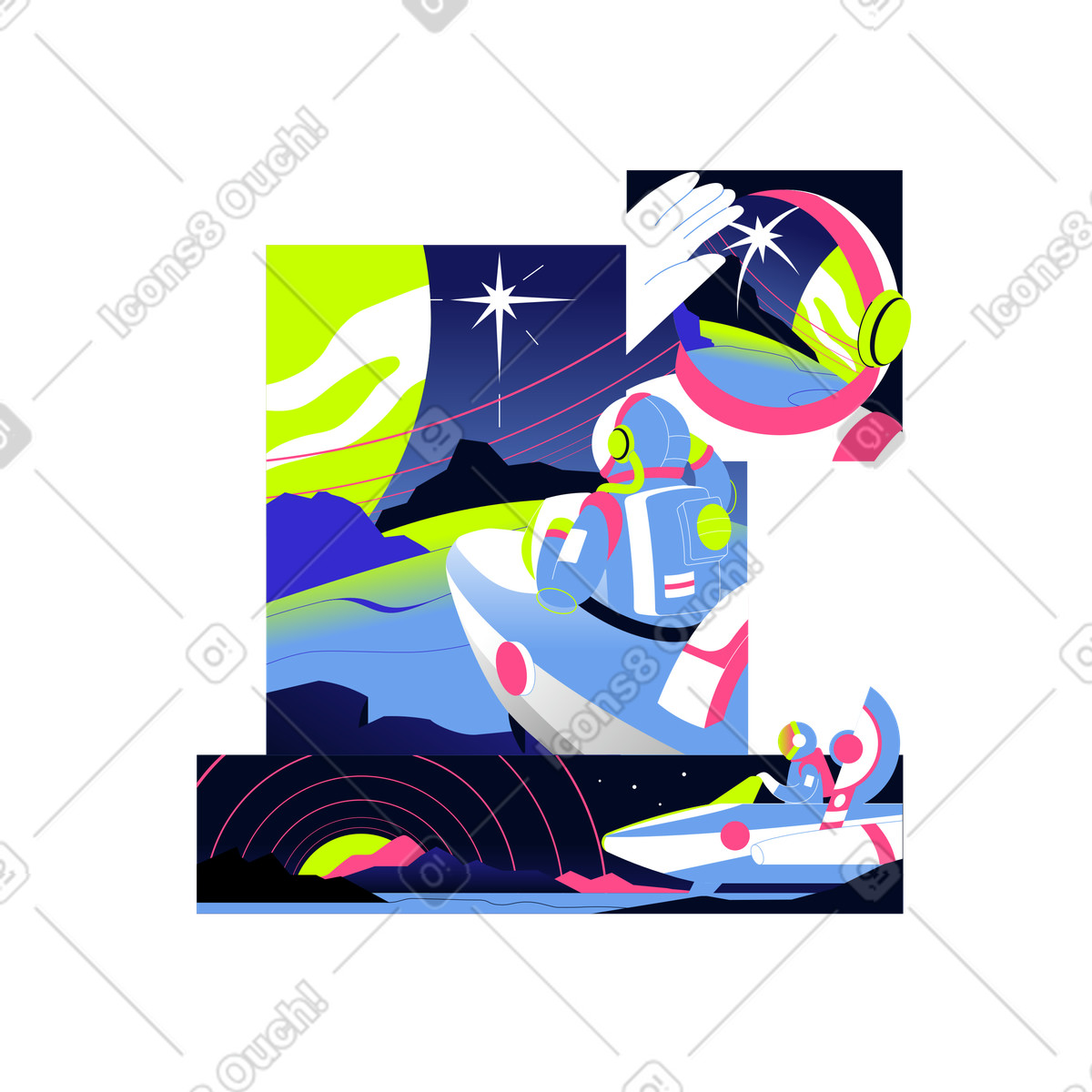 下载 Space 风格的 Explorer piloting spaceship over distant planet, Journey and travel, Coming soon 插画，支持 PNG、SVG 格式