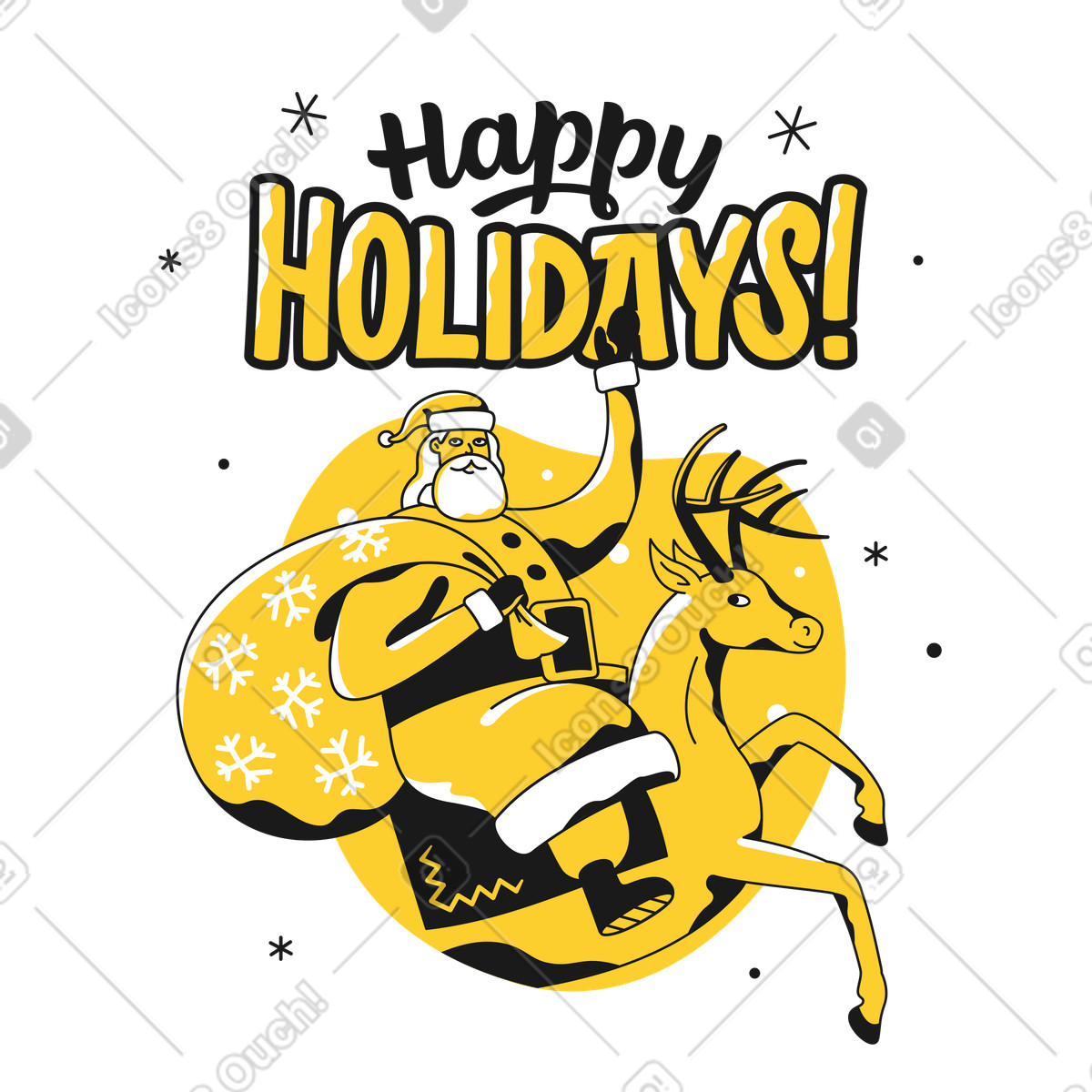 Illustration Texte de joyeuses fêtes sur le père noël avec un sac cadeaux renne dans style Taxi à télécharger aux formats PNG, SVG