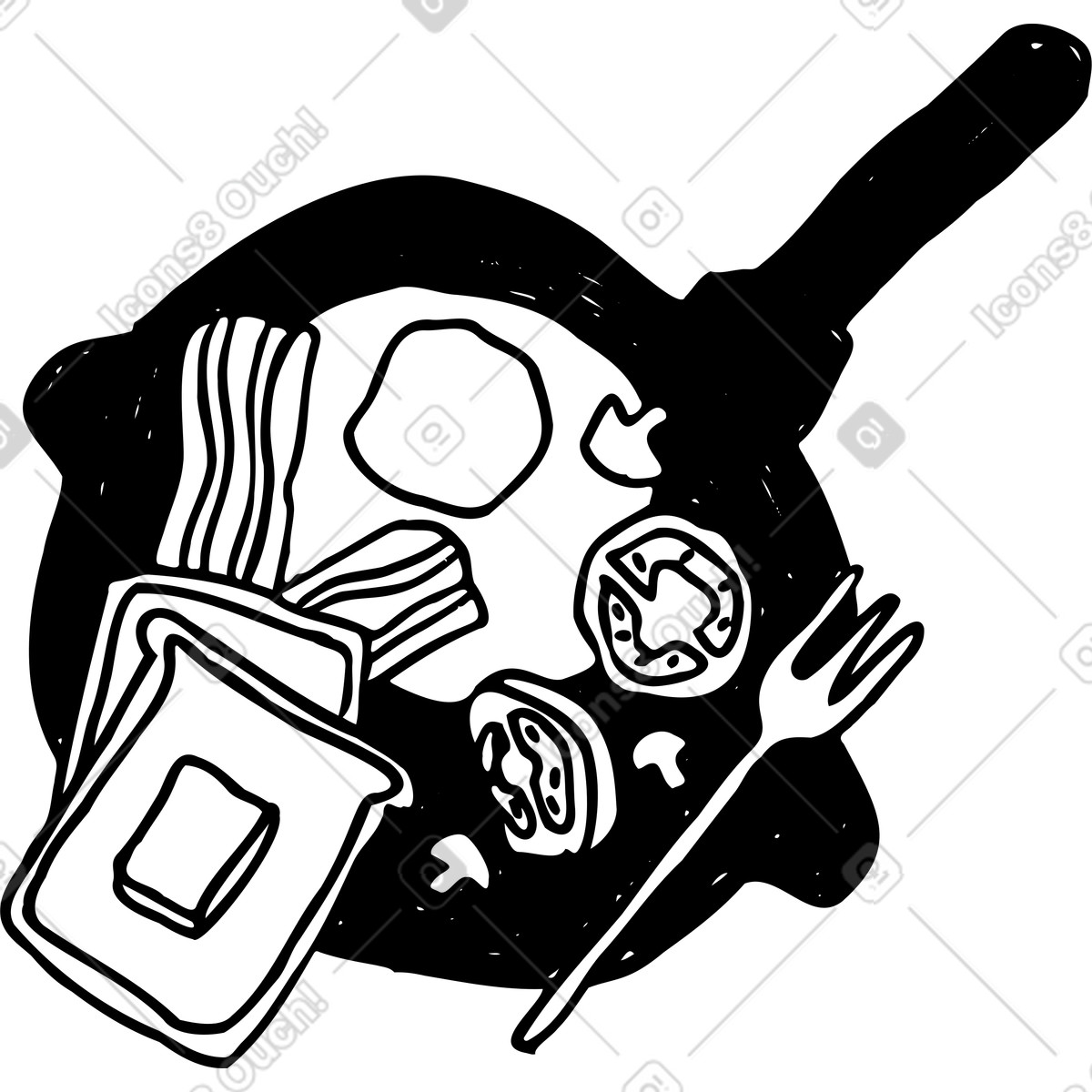 Breakfast pan with egg, toast, bacon and vegetables illustration in Marks style download in PNG, SVG