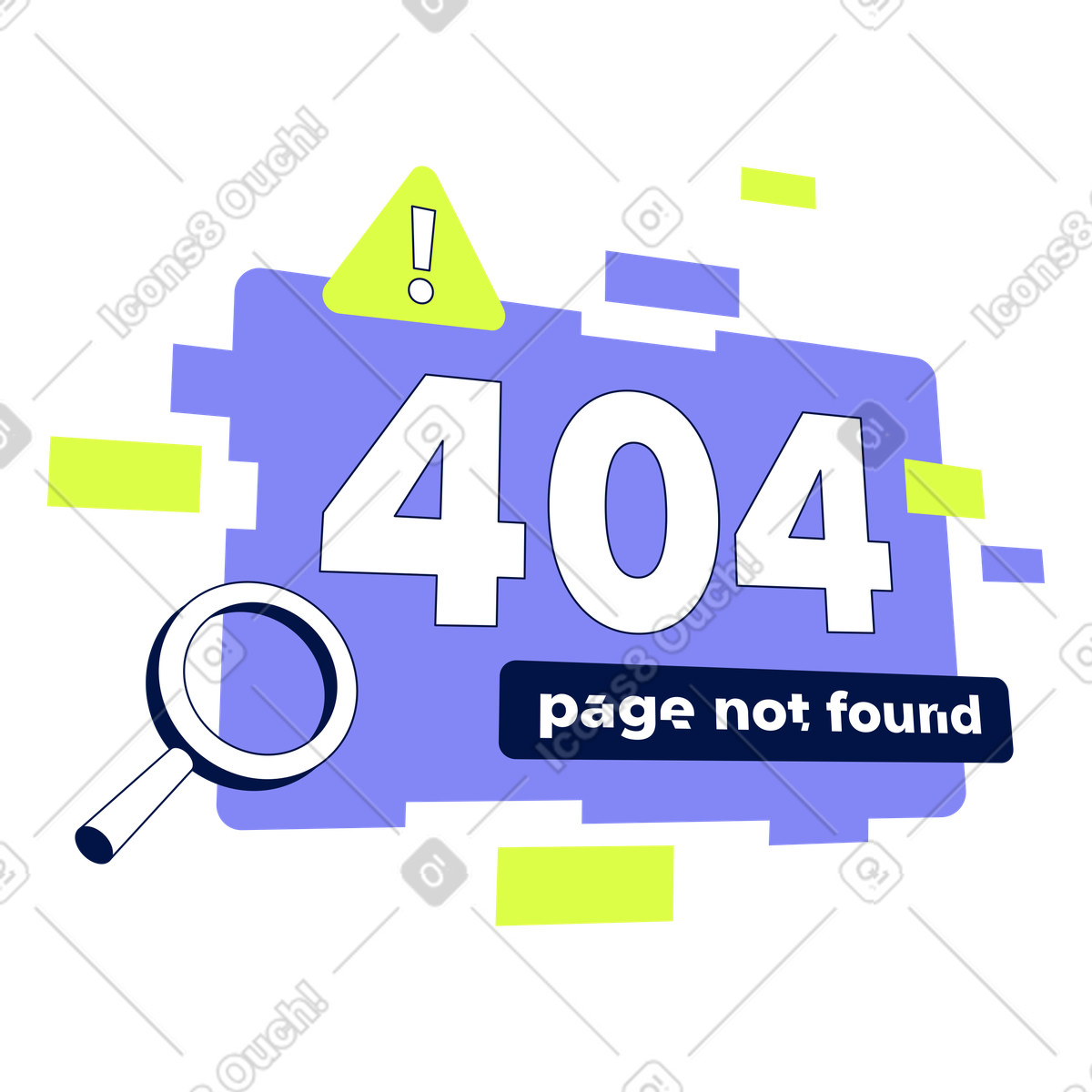 Text error 404, page not found with magnifying glass illustration in PNG, SVG