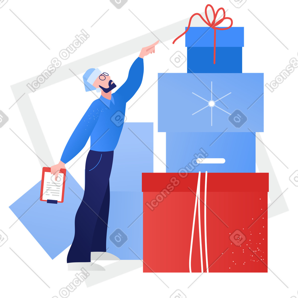Man in warehouse reaching for large present boxes illustration Clip style download PNG, SVG