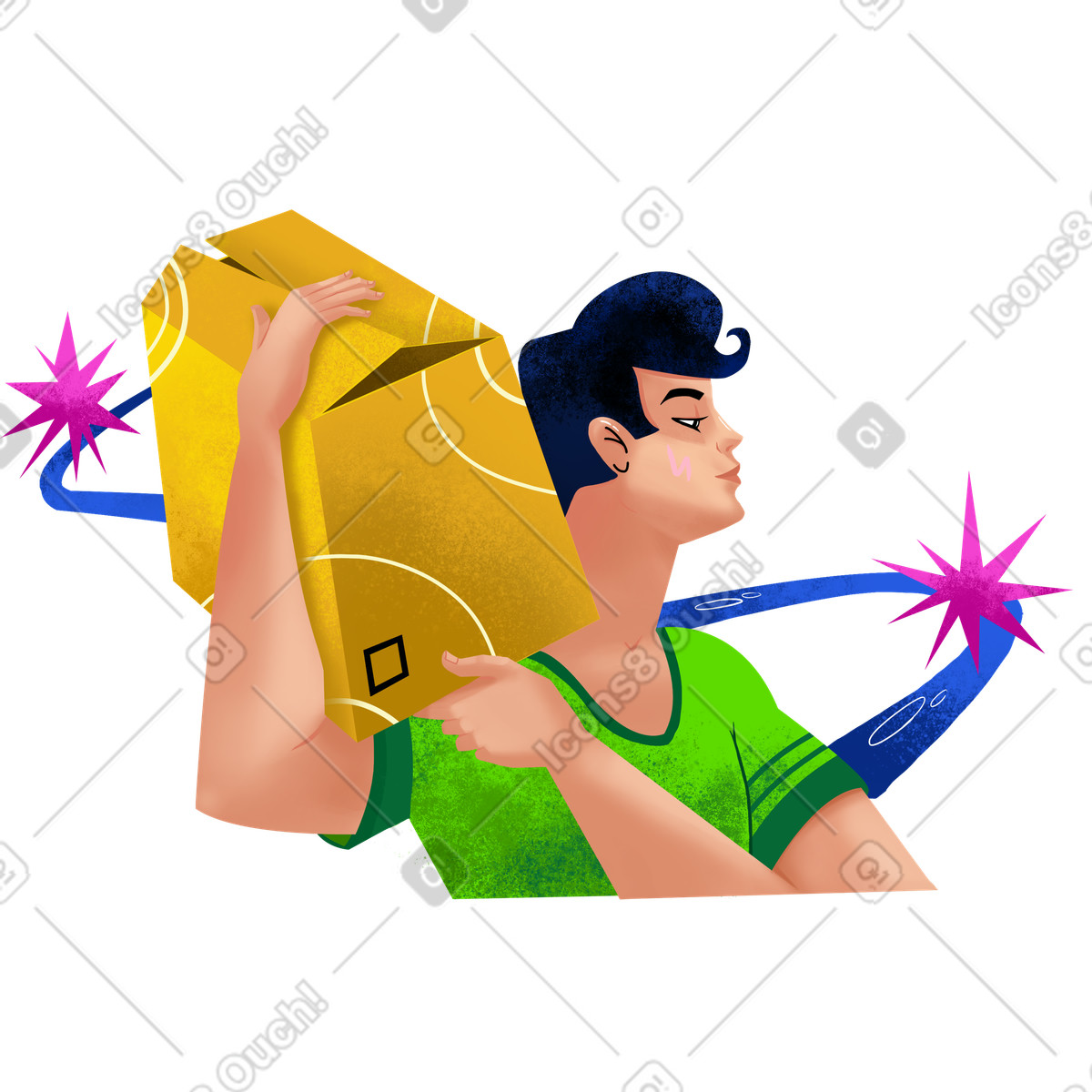 Man carrying cardboard box on shoulder illustration in Flare style download in PNG, SVG