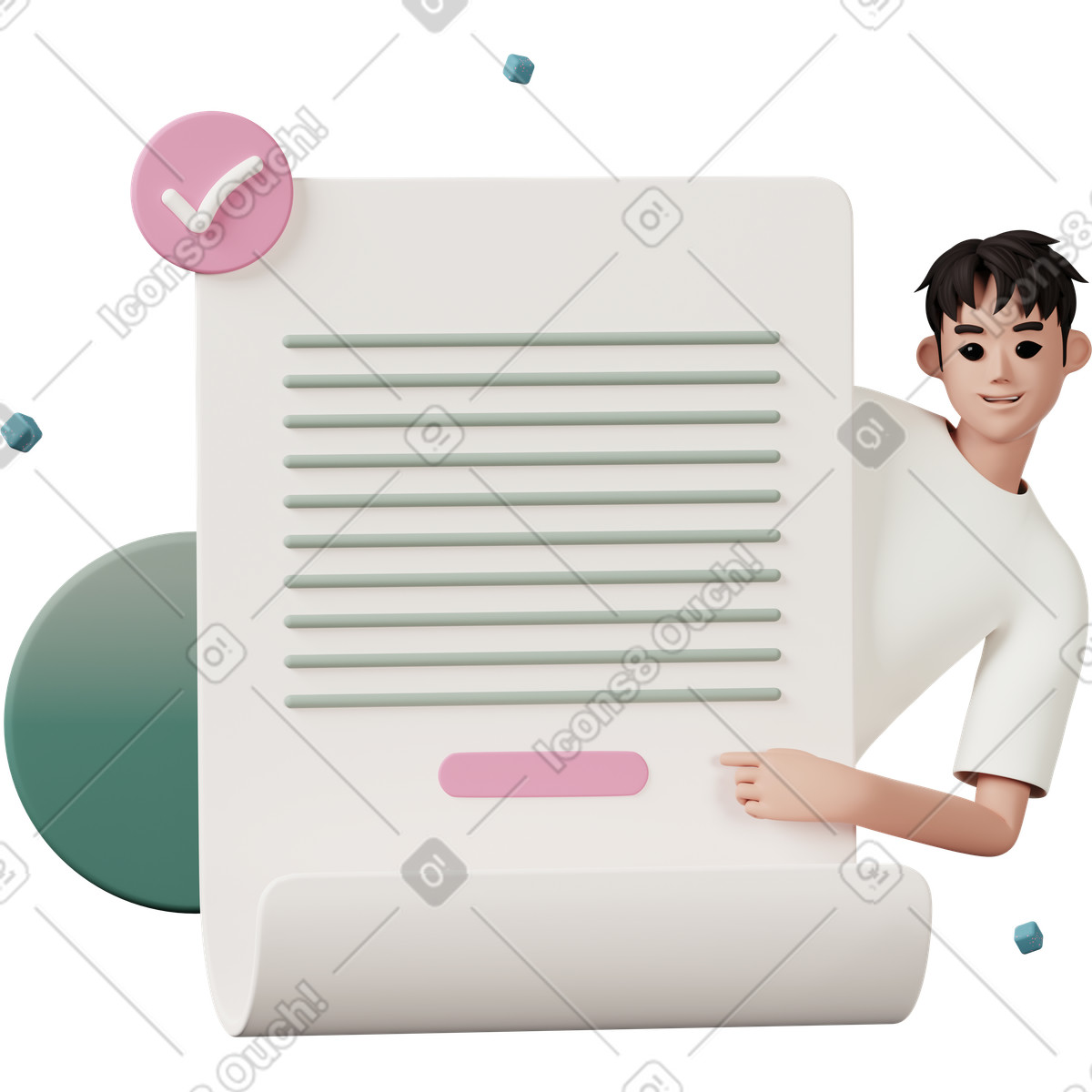 3D Casual life 스타일의 Young man pointing at contract 일러스트레이션 PNG, SVG 다운로드