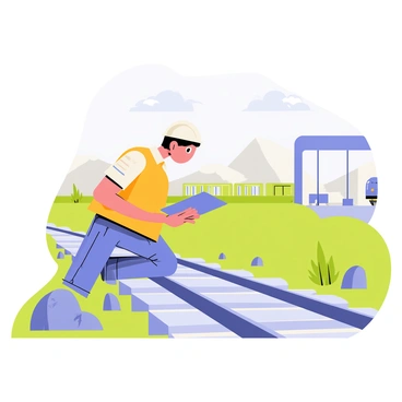 A railway worker wearing a bright orange safety vest and a white hard hat is kneeling beside a set of steel tracks. The worker has short black hair and is holding a clipboard in one hand while examining the tracks with a focused expression. Surrounding the worker are green grass and small rocks beside the railway. The sky above is clear with a few fluffy clouds, creating a bright atmosphere. In the background, a train can be seen waiting at a station, completing the scene of railway maintenance.