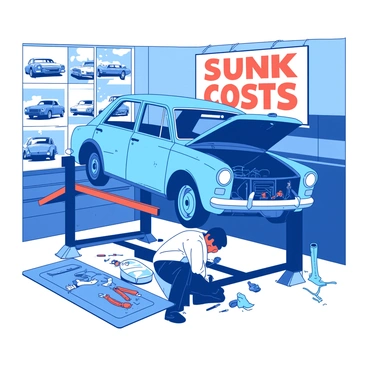 An old blue car with rusted patches is raised on a hydraulic lift in a garage. The car hood is open, revealing a tangle of wires and engine components. A mechanic in a white shirt is crouched beside the car, focused on fixing a worn-out part. Tools are scattered on a nearby workbench, including wrenches and screwdrivers. Above the workbench, a sign reads "Sunk Costs Auto" in bold, orange letters. The walls of the garage are lined with posters of vintage cars, adding to the atmosphere of a classic auto repair shop.
