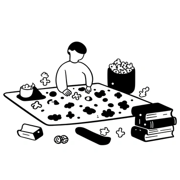 A girl sitting at a table, focused on a board game spread out before her. Various game pieces are scattered across the table, with some standing upright and others lying on their sides. Empty snack bowls are placed nearby, filled with popcorn and chips. The tabletop is cluttered with colorful game cards and a dice set. A cozy atmosphere is created by a few open books stacked to one side, hinting at a leisurely afternoon.