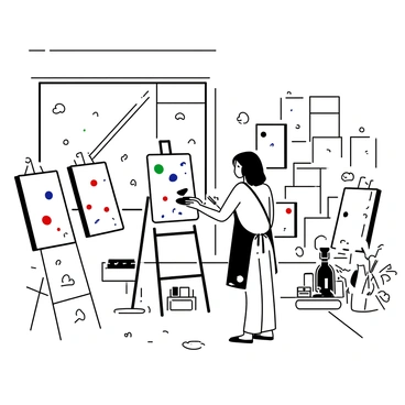 An artist's studio filled with numerous canvases of various sizes leaning against the walls. Paint splatters are scattered across the wooden floor and the walls, creating a chaotic but inspiring atmosphere. In the center of the room stands a painter, focused intently on a large canvas on an easel. The painter is wearing an apron covered in paint stains, with a palette in one hand and a brush in the other. Sunlight streams in through a large window, illuminating the scene and highlighting the vibrant textures of the paint on the canvas. Various art supplies, including brushes and tubes of paint, are organized on a nearby table.