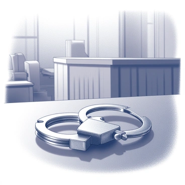 A pair of open handcuffs lying on a courtroom floor