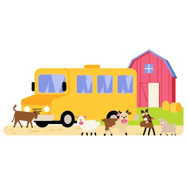 An electric school bus with a bright yellow body and large windows is driving along a dirt road. The bus has a smiling face on the front, giving it a friendly appearance. Surrounding the bus are various farm animals, including a brown cow, a fluffy sheep, and a playful goat, all looking curiously at the bus. In the background, a red barn with white trim stands under a clear blue sky, adding to the rural scenery. Green grass and a few hay bales are scattered around the barn, completing the lively farm setting.