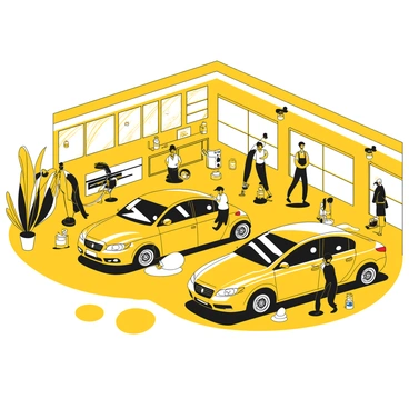 A busy car detailing shop filled with four different cars in various stages of cleaning. One car is being washed with soap and water, while another is being polished with a buffer. There are equipment items scattered around the shop, including a vacuum cleaner, detailing brushes, and bottles of cleaning products. The walls are lined with shelves holding various supplies, and there are large windows allowing natural light to illuminate the scene. Several employees are actively engaged in their tasks, wearing uniforms and focused on their work.