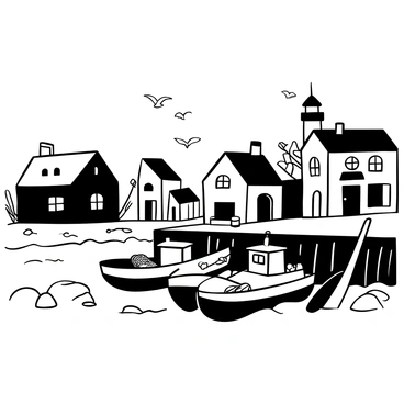 A picturesque seaside village featuring several small cottages with sloped roofs and chimneys. In the foreground, multiple fishing boats are docked by a wooden pier, some with nets and fishing gear visible. The background showcases gentle waves lapping at the shore, with a few seagulls flying overhead. There are scattered rocks along the beach and a lighthouse standing tall in the distance, guiding boats safely to shore. The overall scene captures the charm and tranquility of coastal life.