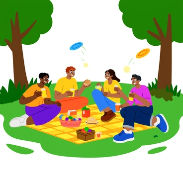 A group of five friends of diverse backgrounds is seated on a bright checkered blanket in a lush green park. They are laughing together, with one friend holding a sandwich, while another is pouring lemonade into cups. An assortment of colorful fruits, snacks, and a small basket filled with goodies are spread out on the blanket. Tall trees surround the area, with sunlight filtering through the leaves, creating playful shadows on the ground. The friends are dressed in casual, vibrant clothing, symbolizing joy and togetherness. One friend is playfully tossing a frisbee in the air, adding a sense of movement to the scene.