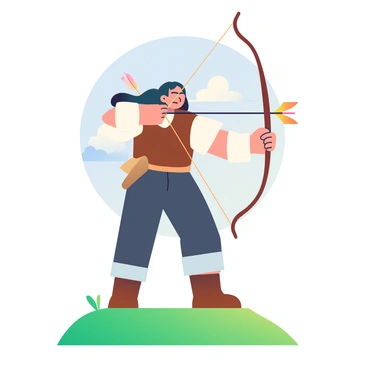An archer aiming an arrow at a soaring bird in a clear sky