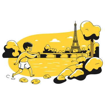 A child with short hair, wearing a yellow shirt and blue shorts, is skipping stones along the banks of the Seine River. The child is focused intently on the water, with several smooth stones scattered around. The river flows gently, reflecting the surroundings. In the background, the Eiffel Tower rises prominently against a clear sky. The banks of the river are lined with lush green trees and small patches of grass, creating a serene environment.