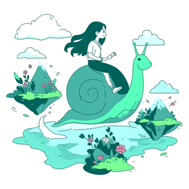 A character with flowing hair is riding atop a giant teal snail, which has a shimmering shell. The snail is moving gracefully across a vibrant landscape filled with floating islands of varying sizes. Each island is adorned with lush greenery and colorful flowers, creating an enchanting atmosphere. In the background, there are clouds that appear to swirl and twist, adding to the surreal feel of the scene. Wisps of white mist drift lazily around the islands, enhancing the dreamlike quality of the environment. The character is looking around in wonder at the breathtaking sights.