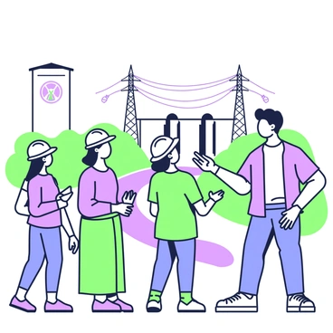 A guided tour group is standing in front of a large hydropower plant. The group consists of five individuals, all wearing hard hats. Two members of the group are taking notes, while the other three are looking up at the plant with interest. The hydropower plant features large turbines and a flowing river in the background, along with tall power lines extending from the facility. The tour guide is pointing towards the turbines, explaining their function. The scene captures a sense of engagement and learning.