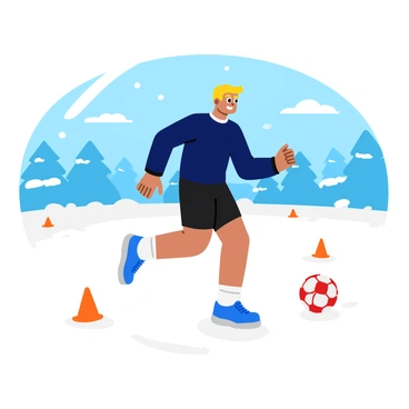 A football player with short blonde hair, wearing a fitted dark blue training jersey and black shorts, is running through a snowy landscape. Snowflakes fall around him as he performs drills on an open field covered in snow. His breath is visible in the cold air, showcasing the intensity of his workout. Nearby, a set of orange training cones is scattered on the ground, and a bright red and white soccer ball is positioned next to him. In the background, snow-covered trees create a serene atmosphere, emphasizing his dedication to fitness despite the winter conditions.