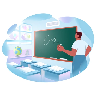 A teacher is standing in front of a large blackboard, writing with chalk. The teacher is wearing a casual outfit, and their body is turned slightly as they focus on the writing. In the background, colorful posters are mounted on the walls, depicting various educational themes. Desks are arranged in rows, with students’ books and notebooks placed neatly on each desk. A vibrant globe sits on a shelf near the blackboard, and sunlight is streaming in through the windows, casting a warm glow across the classroom.