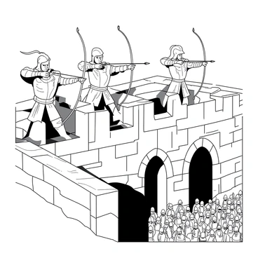 A group of archers stands firmly on top of stone castle walls. Each archer is dressed in leather armor, poised with bows drawn back, ready to release their arrows. Their focused expressions show determination as they aim at a line of foes positioned below, who are advancing towards the castle gates. The sunlight creates sharp shadows across the stonework, highlighting the tension of the moment. The archers are positioned at intervals along the wall, with arrows nocked and ready for flight, forming a united front against the enemies below.