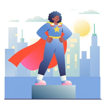 An illustration of a girl with a superhero cape, standing tall on a city rooftop, ready to take on the world.