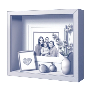 A shadow box frame containing various keepsakes and a central family photo