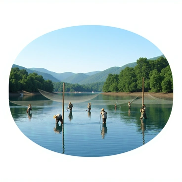 A tranquil lake surrounded by dense green trees and gently rolling hills in the background. The water is calm and reflects the clear blue sky above. Fishermen are seen placing wooden stakes into the water, securing their fishing nets that are spread out to catch fish. Some fishermen are wearing light-colored clothing and straw hats, while others are focused intently on their work. A few fishing boats are anchored nearby, and the scene conveys a peaceful atmosphere.