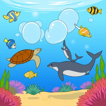 A vibrant underwater scene filled with various marine life engaging playfully with balloon-like bubbles. Colorful tropical fish, such as yellow clownfish and blue tangs, swim around the bubbles, their scales shimmering in the light. A friendly sea turtle glides gracefully nearby, its shell adorned with intricate patterns. Playful dolphins leap through the water, nudging the bubbles with their noses. A large, friendly octopus reaches out with one of its tentacles to touch a bubble, creating ripples in the surrounding water. Bright corals and seaweed decorate the ocean floor, providing a lively background to this joyful interaction.