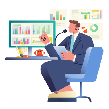 An analyst with short brown hair is seated at a sports desk, speaking into a microphone. He is wearing a navy blue suit with a light blue tie. In front of him is a large screen displaying colorful graphs and statistics related to sports analytics. The background features various sports memorabilia, including basketballs, footballs, and trophies. The analyst is pointing towards the screen with his right hand while holding a tablet in his left hand, and there are two chairs behind him, suggesting a guest might join. The lighting in the studio is bright, highlighting the analyst's focused expression.