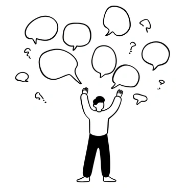 A person standing with their hands raised, surrounded by multiple empty speech bubbles floating around them. The speech bubbles are of various sizes and shapes, emphasizing the emptiness. The person's posture suggests frustration, and they are positioned in the center of the image. The background is minimal, directing focus to the person and the speech bubbles.