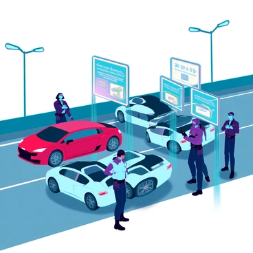 A busy police checkpoint on a futuristic highway, featuring sleek vehicles and advanced surveillance technology. Several officers in modern uniforms are standing near their vehicles, interacting with drivers in high-tech cars. The scene is illuminated by the glow of digital displays and holographic signs, providing real-time information. Officers are using handheld devices to scan IDs, while drivers are visible through the tinted windows, appearing cooperative and engaged. The highway is lined with bright, automated streetlights and digital traffic signage, enhancing the futuristic atmosphere.