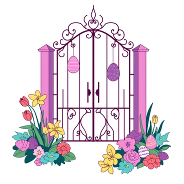 An ornate garden gate is adorned with colorful Easter eggs and blooming spring flowers. The gate features intricate ironwork designs, with delicate curves and scrolls enhancing its beauty. Hanging from the gate are several brightly painted Easter eggs in various colors, including patterns of stripes and polka dots. Surrounding the base of the gate, vibrant spring flowers such as tulips and daffodils are in full bloom, adding a lively touch to the scene. The flowers are arranged in a mix of colors, creating a cheerful and inviting atmosphere.