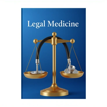 A cover illustration for a journal titled "Legal Medicine". The background is a gradient of deep blue, providing a professional and academic feel. Centered prominently is a balanced scale, made of shiny brass, with equally weighted pans indicating fairness and justice. Draped over one side of the scale is a sleek, silver stethoscope, with the chest piece resting on the scale’s pan. The title "Legal Medicine" is displayed in bold, elegant font at the top of the cover, with a subtle white outline for clarity against the blue background.