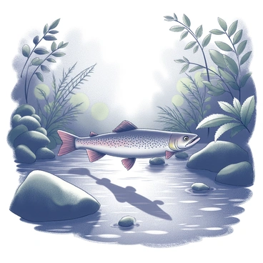 A brook trout swimming gracefully in a freshwater stream. The water is clear and reflects the shapes of leaves and branches above. The trout has a speckled body with distinctive colors and patterns. Lush green foliage surrounds the stream, with various plants and ferns creating a dense habitat. Sunlight filters through the canopy, casting dappled shadows on the water's surface and highlighting the natural beauty of the rainforest environment.