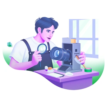 A photographer using a loupe to clean and adjust an old camera lens