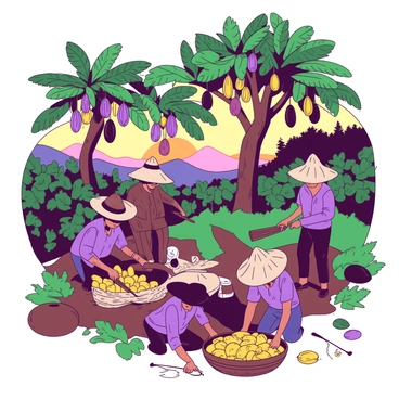 A group of farmers is actively harvesting ripe cacao pods from lush trees on a Costa Rican plantation. The farmers are wearing wide-brimmed straw hats and colorful shirts, carefully cutting the pods from the branches with machetes. The cacao trees are tall and leafy, covered in deep green leaves with clusters of vibrant yellow and purple pods hanging from the branches. The ground is scattered with fallen pods and vibrant green vegetation surrounds the area. In the background, the sun sets behind distant hills, casting a warm glow over the bustling scene.