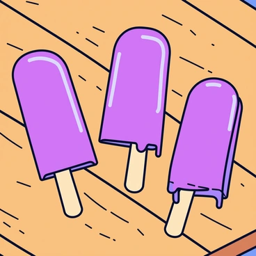 A set of three grape-flavored ice popsicles arranged on a rustic wooden table. Each popsicle has a vibrant purple hue with a glossy surface that captures the light. They are on wooden sticks, with some melting at the edges, creating small droplets that trickle down. The table has a textured grain that adds warmth to the scene. The setting suggests a sunny day, enhancing the appeal of the popsicles.