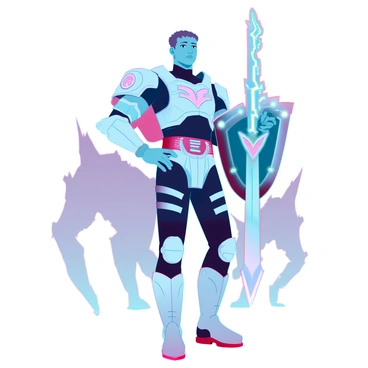 A determined hero character stands confidently, adorned in a sleek, high-tech armor that glimmers with metallic hues. The armor features intricate designs and glowing circuit patterns, emphasizing its futuristic nature. In the hero's right hand, a formidable energy sword crackles with electric blue energy, while the left hand grips a shield displaying a bold emblem. The hero has a strong build, with short hair and a focused expression, reflecting resolve and bravery. Behind them, the faint outline of monstrous shadows lurk, hinting at the challenges that lie ahead.