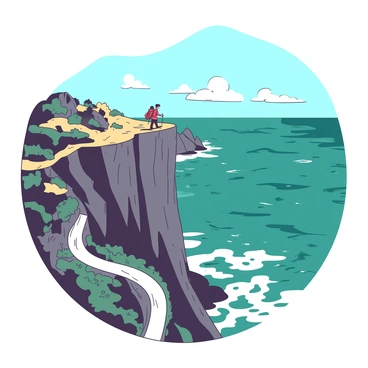 A dramatic cliffside path winds along a steep edge, with a sheer drop leading down to the ocean waves crashing against the rocks below. The cliffs are rugged and jagged, displaying a combination of dark gray and light beige textures. In the distance, the ocean stretches out endlessly, reflecting the sunlight in shimmering patterns of teal and blue. Lush greenery clings to the sides of the cliffs, while a few wispy clouds drift across the bright sky above. A lone hiker, dressed in a vibrant red jacket, cautiously walks along the edge, taking in the stunning views surrounding them.