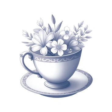An elegant teacup sits on a finely crafted saucer. The teacup is adorned with intricate patterns and a delicate handle. It is filled with a variety of native Australian flowers, showcasing their unique shapes and textures. The flowers are arranged with sprigs of foliage, creating a natural and harmonious display. The overall composition emphasizes the beauty and delicacy of both the teacup and the floral arrangement.
