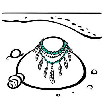 A bohemian-style collar displayed on a smooth rock by the seaside. The collar features strands of turquoise stones interspersed with delicate feathers hanging from it. Gentle waves lap at the shore in the background, and a few seashells are scattered around the rock. The overall composition emphasizes the natural elements of the seaside setting.
