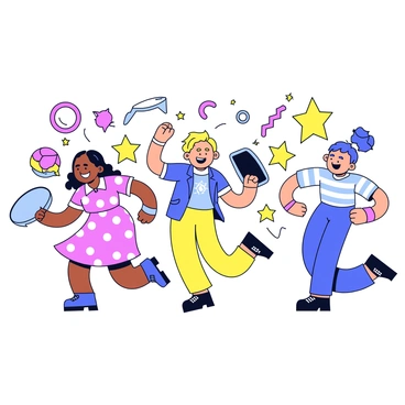 A lively scene featuring multiple cartoon characters dancing joyfully. Each character has a distinct appearance, with one wearing a polka-dot dress and another sporting a striped shirt. The characters are in dynamic poses, displaying various dance moves. In the background, there are colorful geometric patterns with bright shapes like circles, stars, and zigzags. The overall composition is filled with a sense of energy and movement.