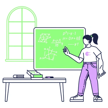 A student is standing in front of a large chalkboard filled with complex math problems. The student has medium-length hair tied back and is wearing a casual t-shirt and jeans. The chalkboard displays various equations and diagrams, including graphs and geometric shapes. The student is holding a piece of chalk in their right hand while using their left hand to point at one of the equations. On a nearby desk, there are several open textbooks and a notebook filled with notes. Behind the student, a window allows natural light to illuminate the scene.