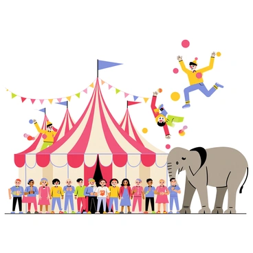 A vibrant circus scene filled with lively colors and action. Clowns with brightly colored costumes are juggling an assortment of colorful balls and oversized props. Acrobats in dynamic poses are soaring through the air, performing daring flips and spins. A crowd of children with wide eyes and cheerful expressions are watching in awe from the front row. There are red and white striped tents in the background, and various circus animals like a majestic elephant standing beside the tent. Colorful banners and streamers are hanging above, adding to the festive atmosphere.