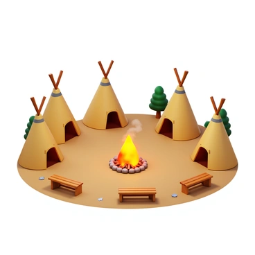 A traditional Native American village featuring several teepees arranged in a circle. Each teepee is made of natural-colored canvas, with wooden poles supporting their structure. In the center of the village, a campfire burns brightly, with flames dancing and smoke rising into the air. Surrounding the campfire, a few wooden benches are placed for seating. The ground is covered with dirt and scattered leaves, while a few trees and bushes are visible in the background.