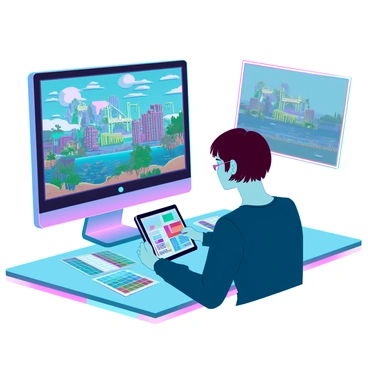A digital artist with short brown hair and glasses is seated at a sleek, futuristic workstation, intently focused on their tablet. The screen displays a vibrant interpretation of an old pixel art scene, now filled with intricate details and depth. The artist's workspace is illuminated by colorful LED lights, highlighting various creative tools scattered around. There are sketches and color palettes nearby, showcasing the process of transforming the pixel art into a modern masterpiece. In the background, a large monitor displays a before-and-after comparison of the artwork, emphasizing the evolution from pixelated simplicity to a complex, immersive landscape.