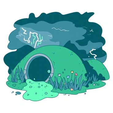 A teal hobbit hole with a round door is nestled in a lush green hillside, surrounded by tall grass and colorful flowers. Raindrops are visible on the round door, sliding down its surface. In the background, dark clouds swirl ominously, with streaks of bright lightning illuminating the sky. The scene conveys the intensity of the storm, with the wind causing leaves to swirl around the entrance of the hobbit hole.