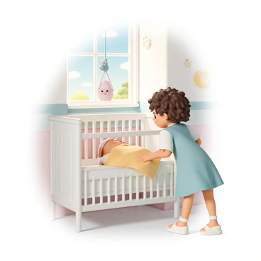 An older sibling, a girl with curly brown hair wearing a light blue dress and white sandals, is standing next to a crib. She has a look of curiosity and excitement on her face. In the crib lies a newborn baby wrapped in a soft yellow blanket, with a tiny pink hat on its head. The room has pastel-colored walls and a cute animal-themed mobile hanging above the crib. Sunlight streams in through the window, casting a warm glow over the scene. The older sibling leans closer, gently reaching out a hand towards the baby, her eyes sparkling with wonder.