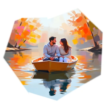 A couple sitting closely together in a small wooden boat as they glide across a tranquil lake. The woman has long, flowing hair and is wearing a cozy sweater, while the man is dressed in a light jacket. Both are smiling at each other, radiating joy and affection. The lake's surface reflects the vibrant hues of autumn, with leaves in shades of red, orange, and yellow framing the scene. The shoreline is dotted with trees showcasing their fall foliage, enhancing the romantic atmosphere of the moment. A gentle breeze creates small ripples in the water, adding to the serene environment.