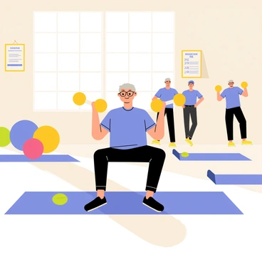 An older adult with gray hair and wearing a blue t-shirt is performing dumbbell rows in a bright community center. The adult is seated on a yoga mat, holding a pair of yellow dumbbells. Nearby, there are exercise mats and colorful stability balls scattered around the room. Large windows allow sunlight to fill the space, creating a welcoming atmosphere. A poster on the wall displays various exercise tips for seniors. The community center is busy, with other older adults engaging in different fitness activities in the background.